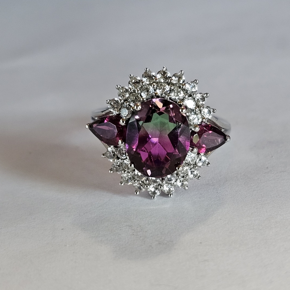 Genuine Watermelon Quartz & Multi Gemstone Ring Platinum over 925 Sz 6! - Picture 3 of 13